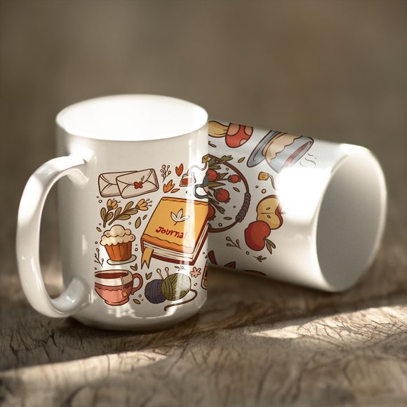 Autumn Cute Icons Coffee Mug. Thanksgiving Coffee Cup. Fall 15oz Ceramic Mug. - Picture 3 of 5